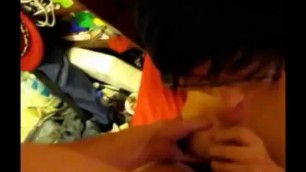 Chinese nerd with perky tits POV blowjob at home