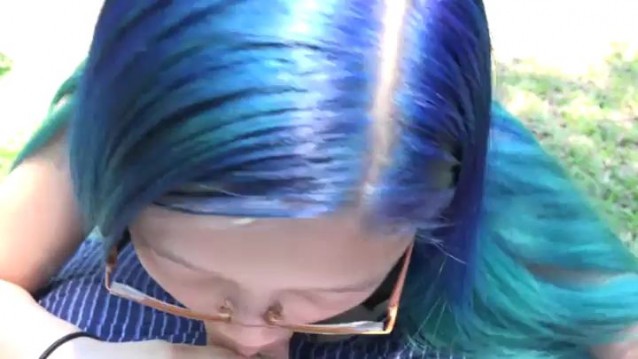 Blue hair and glasses Little Mina in park blowjob with doggystyle creampie