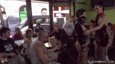 Petite beauty gangbang fucked in cafe