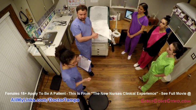 Student Nurses Lenna Lux, Angelica Cruz, & Reina Practice Examining Each Other 1st Day of Clinicals Under Watchful Eye Of Doctor