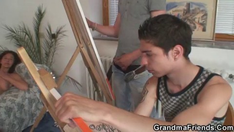 Old granny pleases two young painters