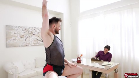 Declan Blake revealing his insatiable ass in a red jock as club manager watch him