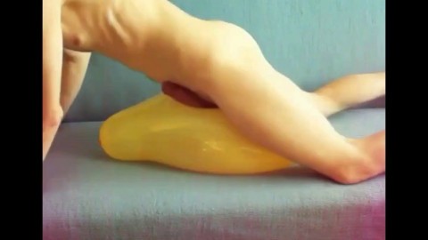 Yellow balloon humping cum