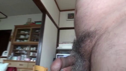 Japanese old man masturbation erect penis semen flows