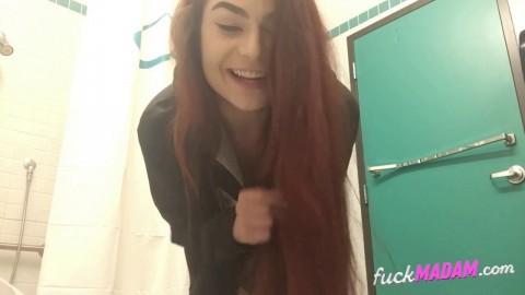 Schoolgirl Strip Tease And Pussy Play In Public Bathroom