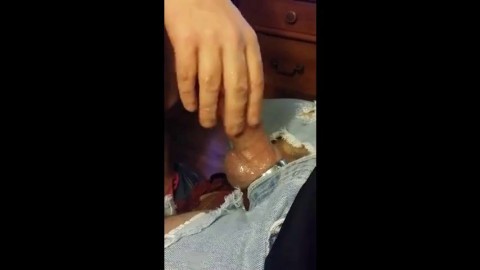 Guy cums on his buddy's cock then uses it as lube