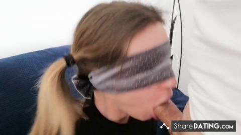 Girl with pigtails takes huge cumshot in her mouth and swallows it