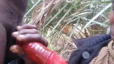 African girl sucking young rich BBC in woods