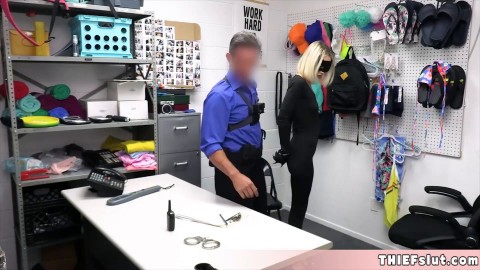 Cute blonde shoplifter in black leather caught by a mall cop and gets destroyed