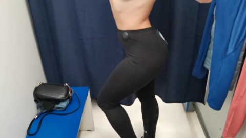 Girl in the fitting room. Workout leggings. POV.