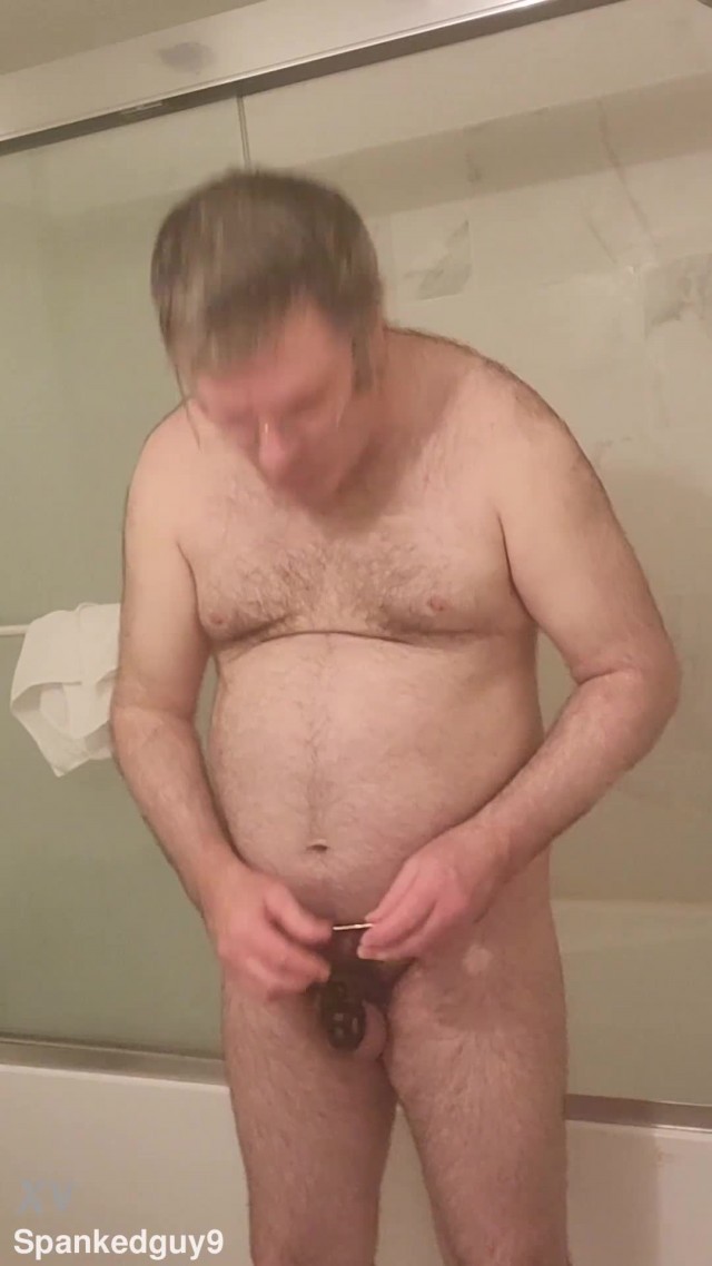 Nude Martin Lavallée is now locked in chastity! How long he should have his small penis caged?