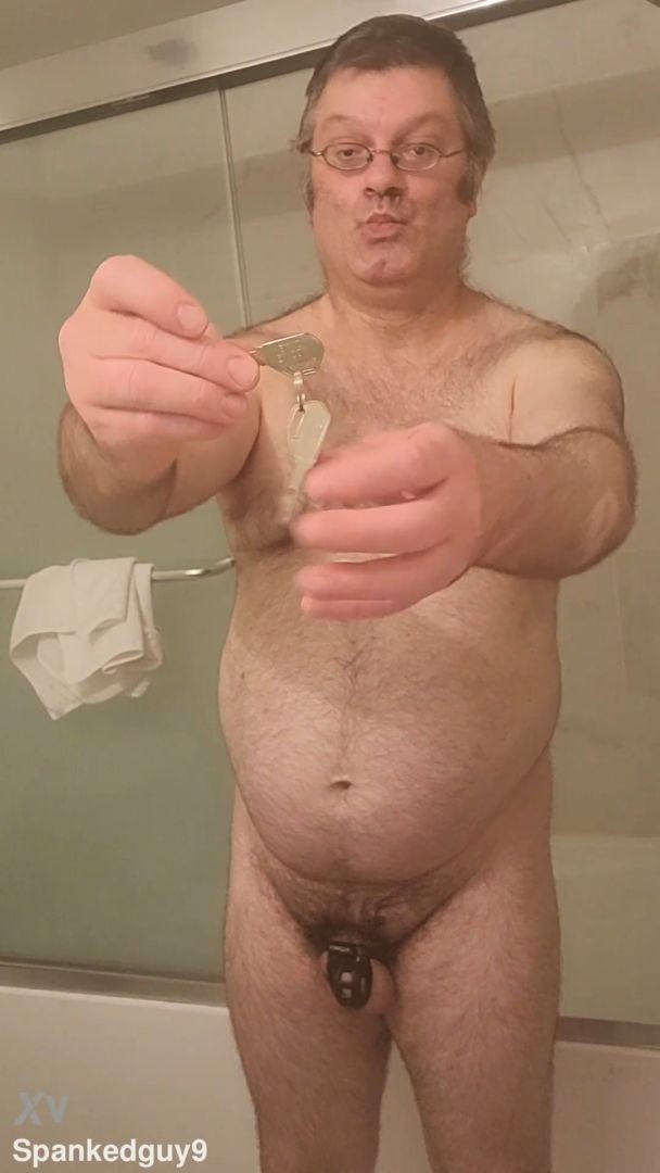 Nude Martin Lavallée is now locked in chastity! How long he should have his small penis caged?