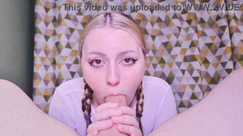 Gorgeous college girl with pigtails seduces the boss and twerks on his cock until cum in mouth