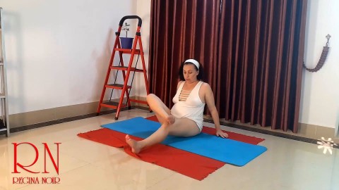 Nude yoga. Regina Noir. A woman in white panties practices yoga in the gym. Panties c2