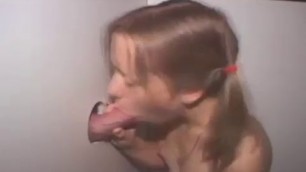 Pig Tailed Blonde Blowjob And Cumshot Through Glory Hole