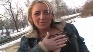 Naughty euro sweetie agrees to have sex in the snowy public place for cash