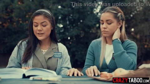 Petite Asian teen Kendra Spade and horny big ass lesbian Latina Alina Lopez enjoys finger fucking