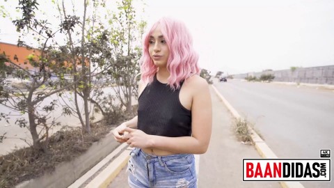 Beautiful Peruvian girl with pink hair is caught on the way to work - Sasha Pink