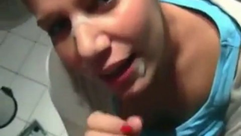 Big-Titted German Blonde's Blowjob in Bathroom