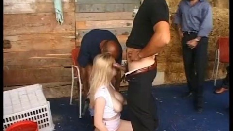 Innocent blonde anal gang banged in a barn by a group of horny pigs