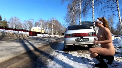 Nude Russian Girl Walks on the Road