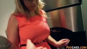 Girl In Glasses And An Orange Dress Gives A Perfect Blowjob