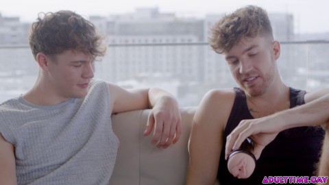 OMG! Two guys share the same fleshlight! One fucks the ass, the other the pussy!