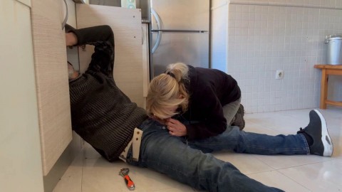 Blonde MILF Gives Plumber a Blowjob in the Kitchen