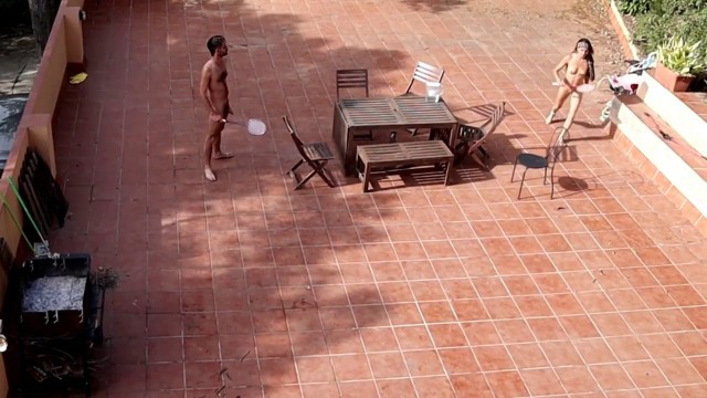 Public Courtyard Blowjob and Fucking with a Hot Brunette Amateur Couple