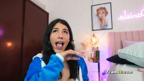 Gorgeous latina trans in pajamas  suit jerks and sucks dildo