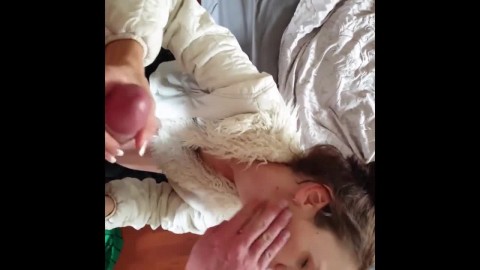 Brunette Amateur Sucks and Jerks Dick, Cum in Mouth