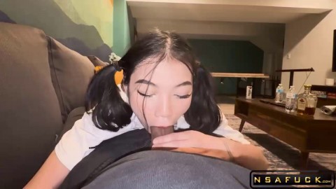 Asian 18yo Teen gives BBC a Surprise Shower BJ with FACIAL
