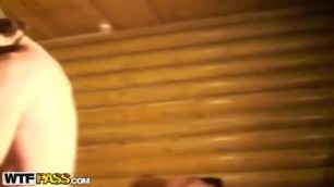 Naughty college girls went to a private party and ended up having group sex in the sauna pussy bang