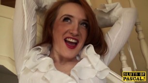 Redhead Ginger brit sub whore dominated in black stockings has perfect orgasm